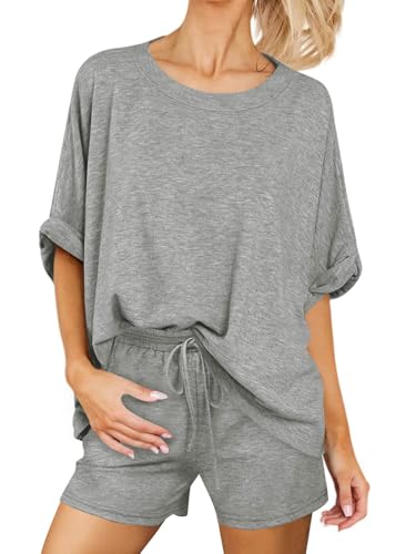 Tankaneo Womens 2 Piece Shorts Sets Oversized Short Sleeve Pajamas Sets - color: Grey, size: Large