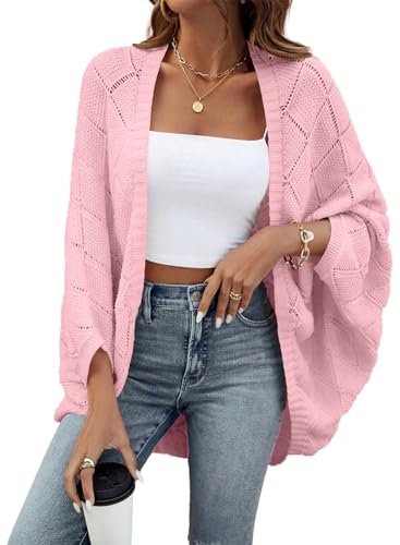 Sidefeel Women's Crochet Oversized Cardigan Sweaters Spring Hollow Out Long Batwing Sleeve Summer Shrugs Lightweight Sweater - color: Pink, size: Medium