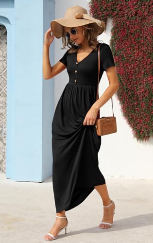 GRECERELLE Womens Summer Long Maxi Dresses 2026 Short Sleeve V Neck Casual Button Dress with Pockets - color: Black, size: Small