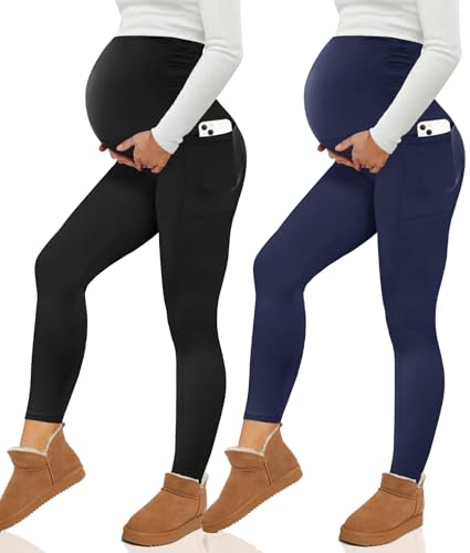 Happy.angel 2 Pack Maternity Fleece Lined Leggings with Pockets for Winter - color: Black/ Navy, size: Large