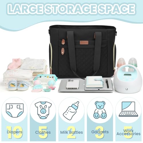 Pritent Baby Diaper Bag Tote,Waterproof Maternity Breast Pump Bags for Mom - color: Black