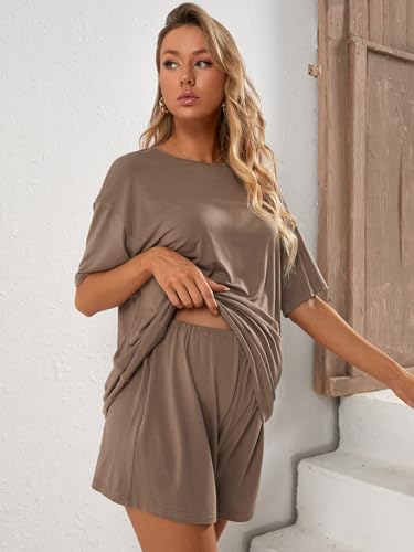Verdusa Women's Maternity Pajama Set 2 Piece Drop Shoulder Top and Short Lounge Sets - color: Dark Brown, size: Medium
