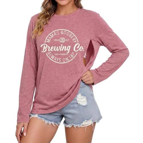 Womens Nursing Breastfeeding Shirt Long Sleeve Hidden Zipper Postpartum Top - color: D-pink, size: Medium