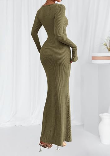 PRETTYGARDEN Women's Fall Long Sleeve Bodycon Maxi Dresses - color: Army Green, size: Large