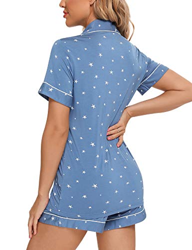 Senert Womens Pajamas Sets Soft Button Down Short Sleeve Sleepwear - color: A Lake Blue With Star With Line, size: XX-Large
