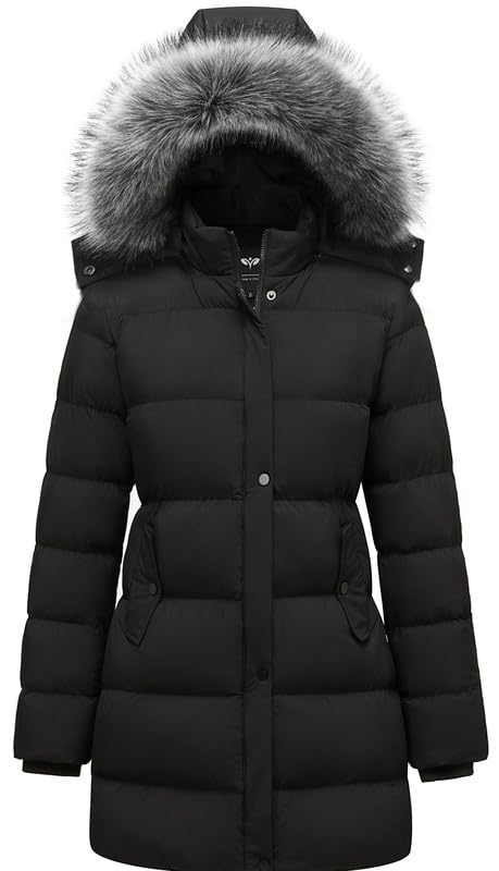 GGleaf Women's Winter Thicken Puffer Coat (Standard & Plus Size) Warm Snow Jacket with Fur Removable Hood - color: Black, size: Medium