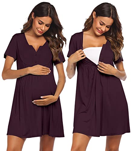 Ekouaer Labor and Delivery Gown Maternity Nursing Nightgown Breastfeeding - color: Maroon, size: Large