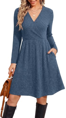 WIH0LL Womens Fall Dresses 2026 Long Sleeve Wrap Sweater Dress with Pockets - color: Blue, size: X-Large