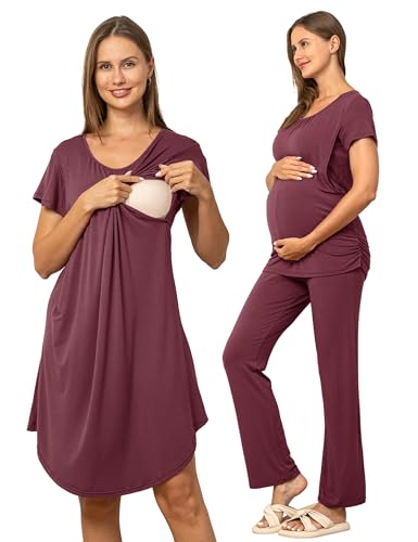 SUNNYBUY 3 PCS Maternity Nursing Sleepwear Set with Nightgown, Top & Pants - color: Burgundy, size: Medium