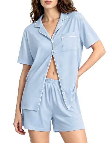 SWOMOG 100% Cotton Pajamas for Women Set, 2 Pieces Button Down Pjs Set, S-XXL - color: Blue, size: Medium