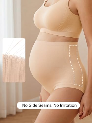 OUGES Women’s Modal 3 Pack Seamless Maternity Underwear Over Belly Stretchy High Waist Soft Pregnancy Postpartum Panties - color: Nude+nude+pink, size: X-Large