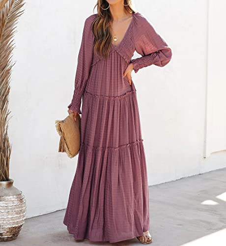 R.Vivimos Long Sleeve V Neck Flowy Maxi Dresses for Women - color: Darkrose, size: Small