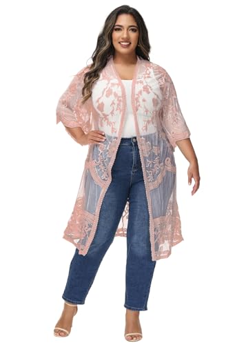 Anna-Kaci Women's Plus Size Lace Cardigan Embroidered Long Kimono Dusters with Half Sleeves - color: Mauve, size: X-Large-XX-Large