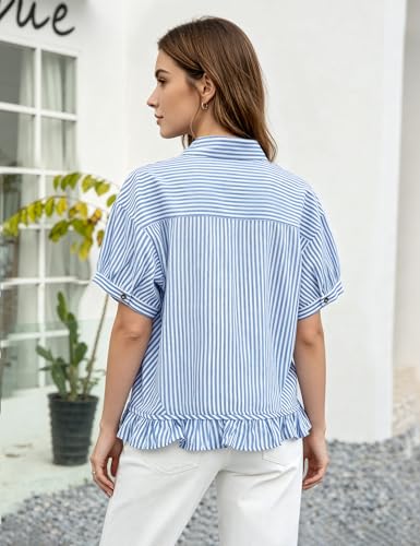 Flygo Womens Cropped Striped Button Down Shirts Ruffle Peplum Tops - color: Blue, size: X-Large