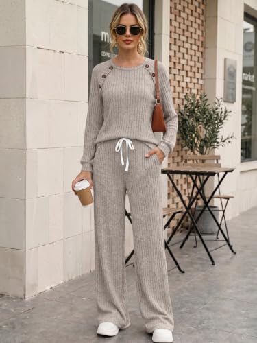 Trendy Queen Women's 2 Piece Lounge Sets 2026 Fall Casual Matching Outfits - color: Light Khaki, size: Small