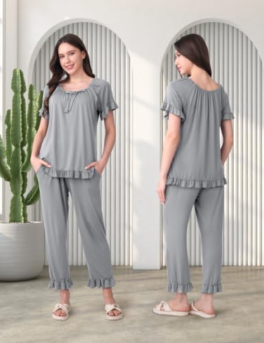 SUNNYBUY 3 PCS Ruffle Nursing Pajamas Set with Bow, Maternity Sleepwear - color: Gray, size: Medium