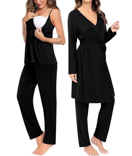 SWOMOG Maternity Nursing Robe Set 3 Piece Breastfeeding Pajamas 3 in 1 Labor Delivery Sleevless Tops&Long Pants Pregnancy Pjs - color: Black, size: Medium