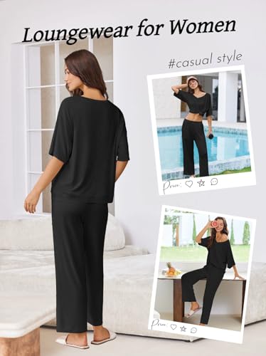 Ekouaer Lounge Sets for Women Comfy Pajamas Set 2 Piece Outfits - color: Black, size: Medium