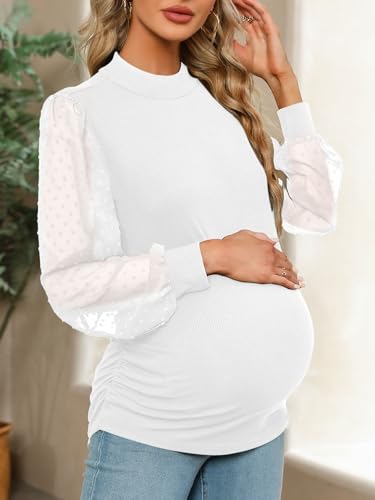 FMEYOA Women's Maternity Shirt Long Sleeve Top Mock Neck Blouse - color: White, size: Large
