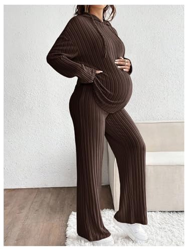 MakeMeChic Women's Maternity 2 Piece Sets Ribbed Knit Hoodie Pants Outfits - color: Brown, size: XX-Large
