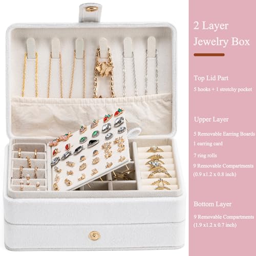 Travel Jewelry Case, 2-Layer Large Jewelry Organizer Box, White, Velvet - color: White, size: Large-2 Layer