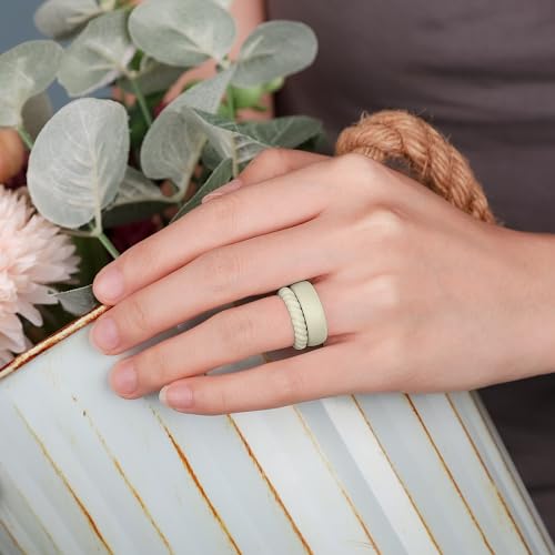 Egnaro Women's Stackable Silicone Rings, 2.5/5.5mm Wide 1.8/2mm Thick Bands - color: SETD4-Royal Black, Bright Peach, Princess White, Cream Beige, Cloudy Pink