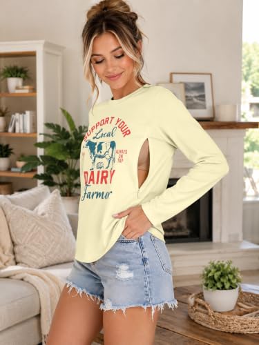 Womens Nursing Breastfeeding Shirt Long Sleeve Hidden Zipper Postpartum Top - color: C-apricot, size: Small