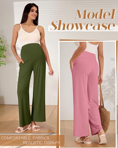 3 Pack Women's Maternity Lounge Pants with Pockets - color: Light Gray, Olive Green, Rose Pink, size: Large