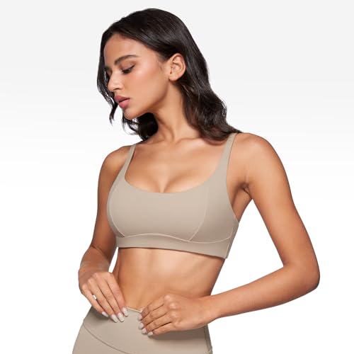 INGIA Women's Square Scoop Neck Sports Bra Thin Strap Padded Yoga Bra - color: Sand, size: Small