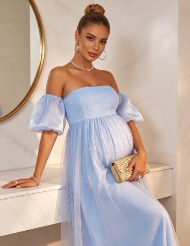 Maternity Dress Off Shoulder Puff Sleeve Baby Shower Dress - size: X-Large