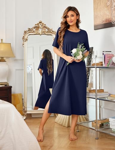 Ekouaer Cotton Nightgowns for Women Long Sleepshirts Soft Maxi Nightshirts - color: Navy Blue, size: Medium