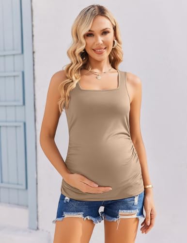 Ekouaer 3 Pack Maternity Tank Tops Square Neck Maternity Shirts - color: Brown/Khaki/Black, size: XX-Large