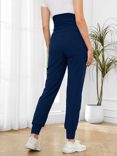PARNIXS Maternity Two-Piece Set Basic Stretch Design with Pockets Soft Leggings for Active Moms Yoga Pants - Year-Round Wear - color: Black+deep Blue, size: Small