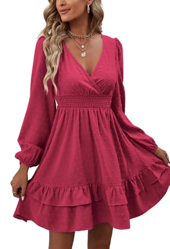 Rooscier Women's Wrap V Neck Swing Ruffle Swiss Dots Long Sleeve Mini Dress - color: Rose, size: X-Small