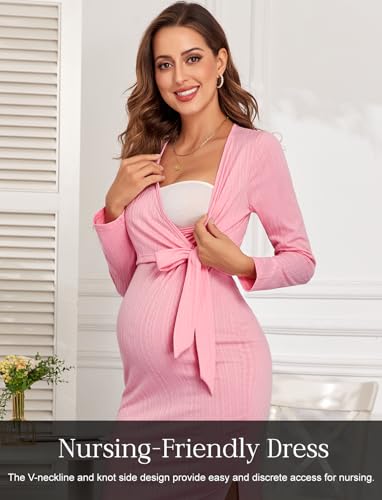 2026 Fall Rib Knit Maternity Nursing Dress Knot Side Long Sleeve V Neck Bodycon Wrap Pregnancy Split Dresses - color: Pink, size: XX-Large