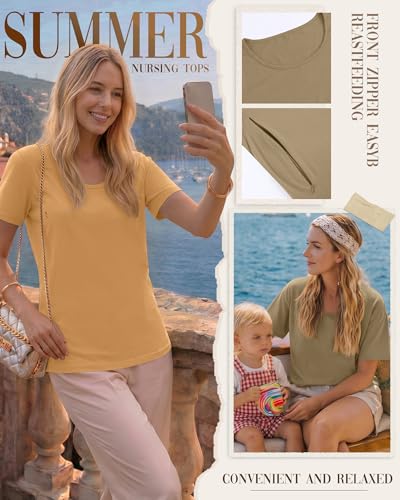 Ficerd 4 Pack Women's Maternity Nursing Shirts - color: Orange, Sage Green, Beige, Bean Green, size: Medium