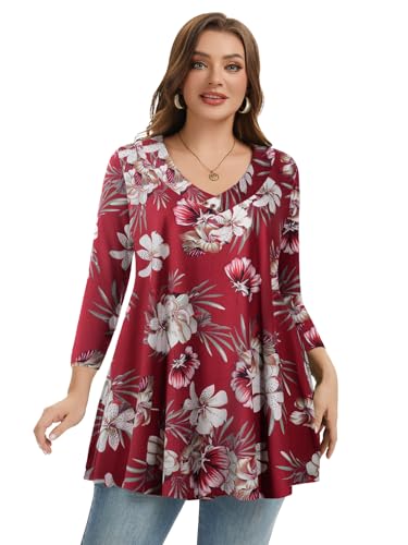 LARACE Plus Size Tunic Womens 3/4 Sleeve Tops V Neck Swing Loose Blouses - color: A-wine Red18, size: 5X