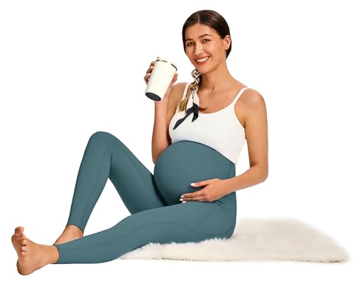 JOYSPELS Smooth Feeling Maternity Workout Leggings with Pockets Pregnancy Pants Over The Belly - color: Teal Blue, size: X-Small