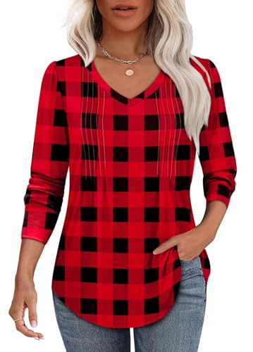 Alaroo Long Sleeve Shirts for Women V Neck Tops Pleated Tunic Print - color: Print 01, size: Medium