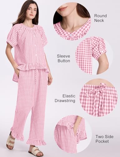 COZYPOIN 100% Cotton Pajamas for Women Set Cute Gingham Lounge Set - color: Pink, size: Large