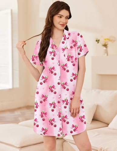 Ekouaer Womens Cotton Nightgowns Button Down Sleep Shirts Soft Night Shirts - color: Cherry, size: Large