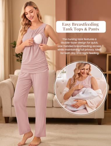 Women 3PCS Maternity Robe Sets Nursing Pajamas Postpartum Breastfeeding Pjs - color: Dirty Pink, size: Medium