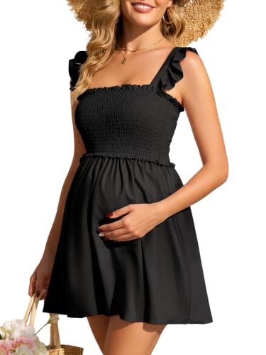 Summer Mae Smocked Maternity Swim Dress Ruffle A-Line with Pockets - color: Black, size: 12