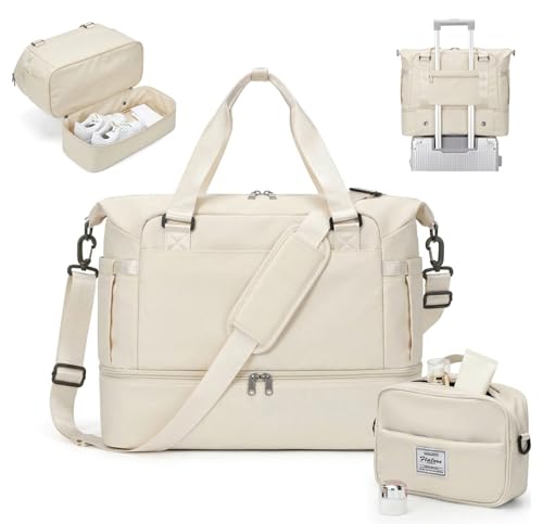 Weekender Bags for Women, Carry On Travel Duffle Bag with Shoe Compartment - color: A- Beige