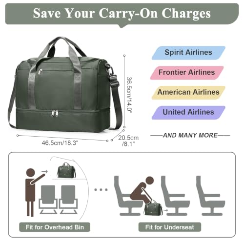 Travel Duffel Bag,Carry-On Overnight Weekender Bags with Shoes Compartment - color: Dark Green, size: Small