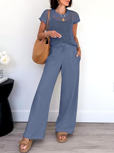 ANRABESS Women Two Piece Outfits Crochet Lounge Matching Travel Sets - color: Deep Blue, size: Large