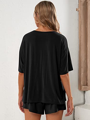 Verdusa Women's Maternity Pajama Set 2 Piece Drop Shoulder Top and Short Lounge Sets - color: Black, size: Small