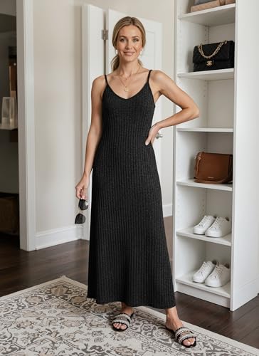 LILBETTER Women's Summer Maxi Dress Casual Flowy Spaghetti Strap Beach Long Dresses with Pockets - color: Black, size: Medium