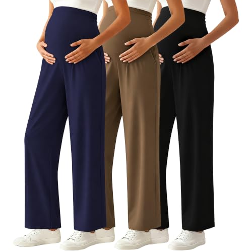 Ecavus 3Pack Womens Maternity Pants Wide Leg Lounge Palazzo Pregnancy Pants - color: Black+navy+brown, size: Medium