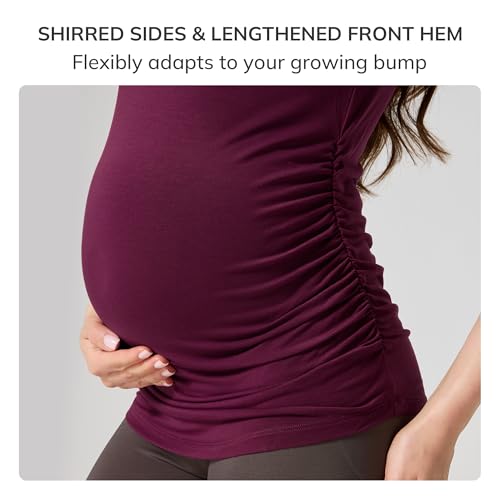 netdraw Buttery Soft Bamboo Viscose Maternity T Shirt, Pregnancy Short Sleeve Side Ruched Casual Tops - color: Claret, size: Small
